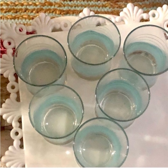 6) Vintage Baby Blue Stripe Juice Glasses - Picture 3 of 5